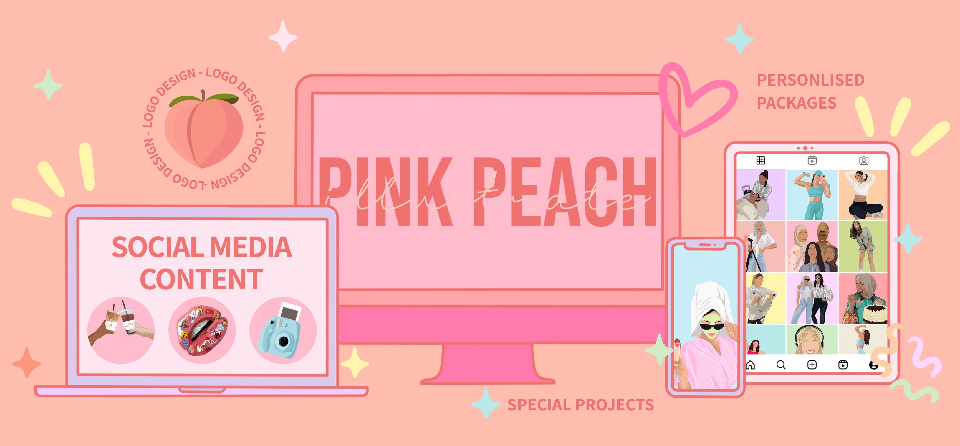 Pink Peach Illustrate custom and bespoke business and social media solutions and content services